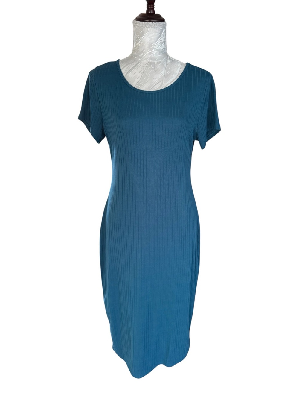 Pink Lily Teal Ribbed Short Sleeve Midi Dress